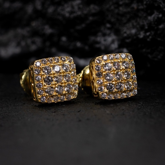 14K Gold Small Iced Cz Sterling Silver Screw Back Men's 3D Square Stud Earrings - Picture 1 of 4